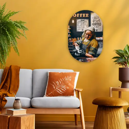 Melkmeisje - Barista - Koffie - Vintage - Kunst - Abstract - Schilderij - Oude meesters Wandcirkel Ovaal Forex klein -sfeer4