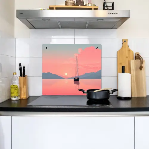 Zeilboot - Roze zee - Zonsondergang - Bergen Inductie beschemer met haakjes middel -sfeer2