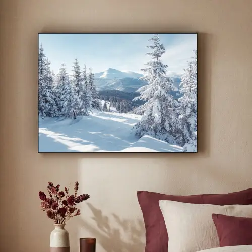 Winterlandschap - Natuur - Berg - Bomen - Sneeuw Textielframe zwart klein -sfeer1