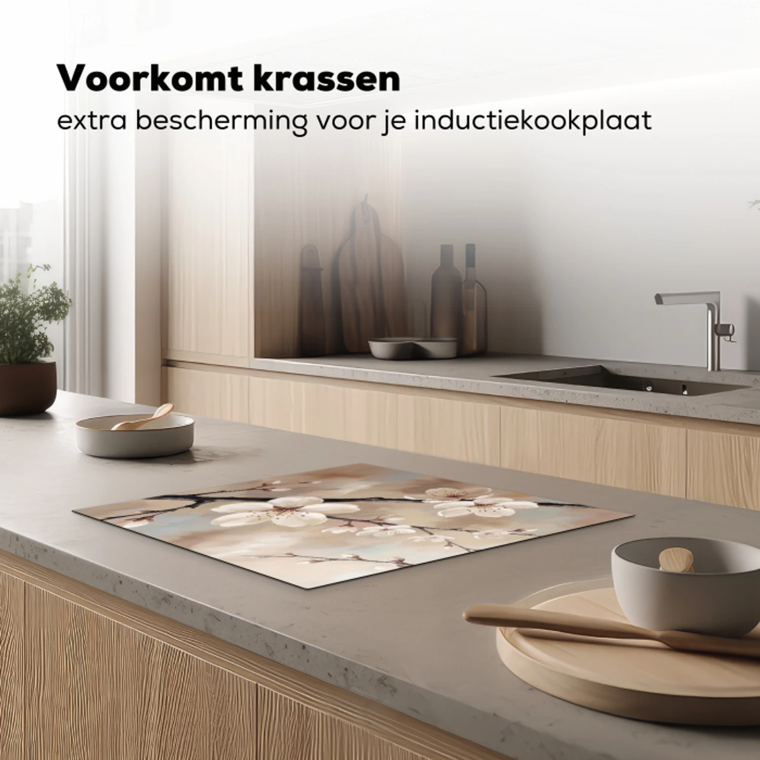 Bloesem - Takken - Schilderij - Beige - Serene Inductie beschermer vinyl 3mm middel -sfeer1