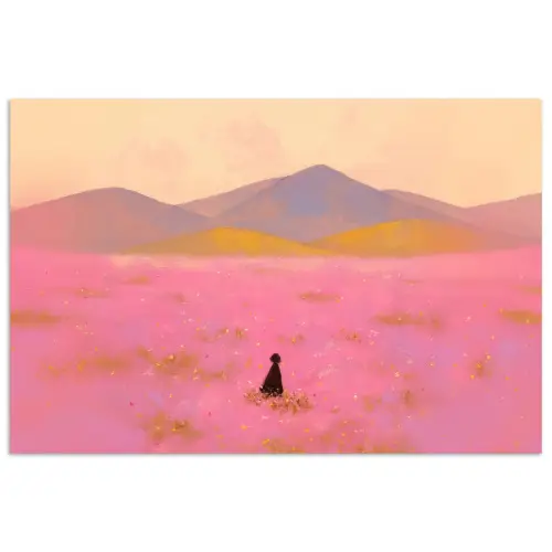 Bloemenweide - Heuvels - Silhouet - Roze poster papier klein -3d
