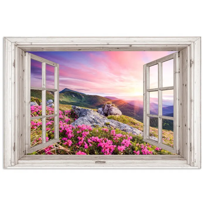 Bergen - Landschap - Doorkijk - Bloemen - Avond - Roze poster papier klein -3d