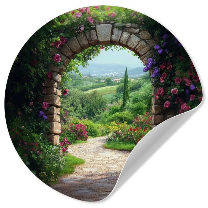 Doorkijk - Landschap - Bloemen - Pad - Uitzicht Wandcirkel behangsticker klein -3d