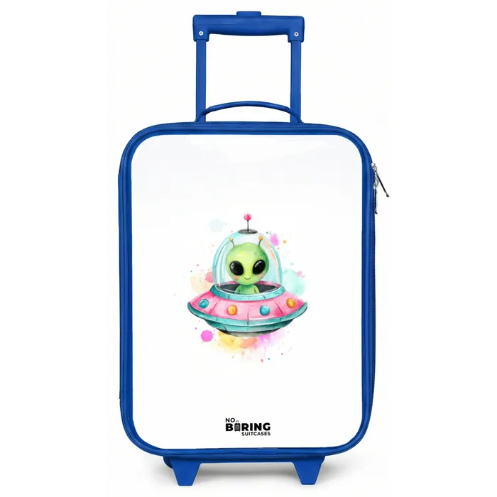 Groene alien in kleurrijke UFO Kinderkoffer - Blauw klein -zz3dotto