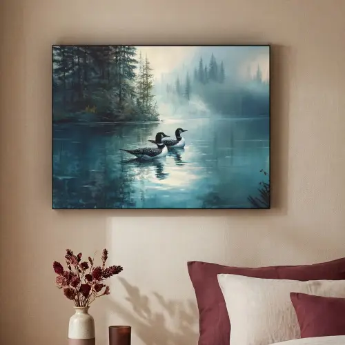 Bos - Water - Eenden - Mistig Textielframe zwart klein -sfeer1