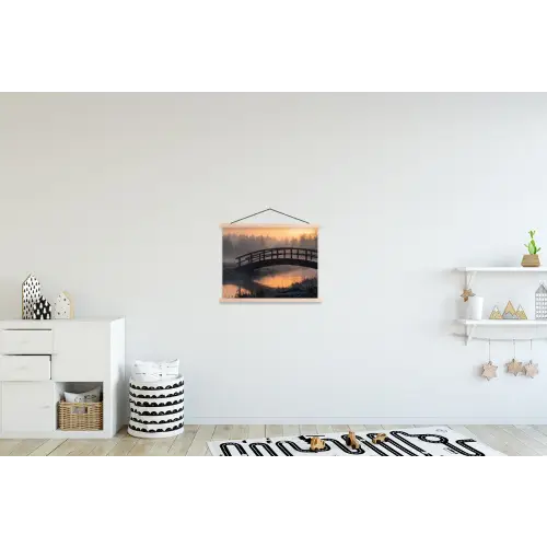 Brug - Mist - Bomen - Water textielposter latten blank klein -kinderkamer