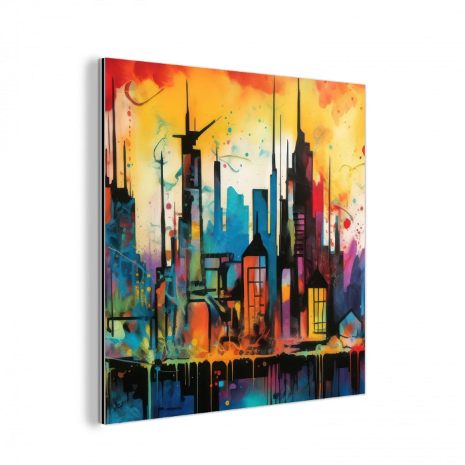 Neon Skyline - Graffiti - Kleurrijk - Gebouwen aluminium wit klein -3d