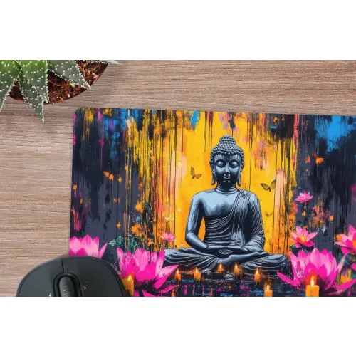 Buddha - Bloemen - Kaarsen - Geel muismat rubber klein -closeup