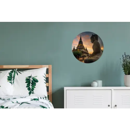 Tempel - Zonsondergang - Boeddha beelden - Buddha Wandcirkel aluminium klein -slaapkamer