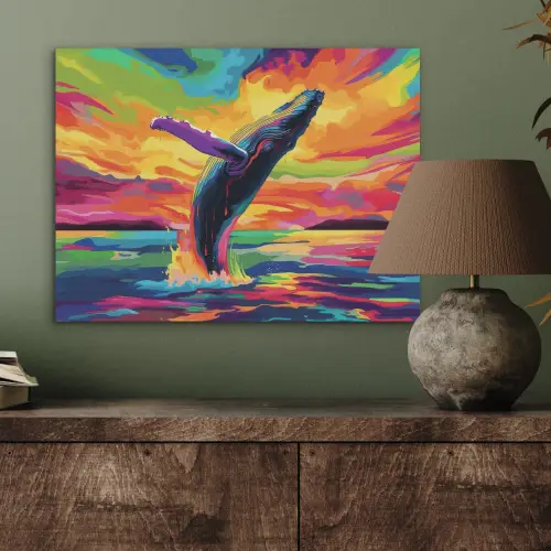 Zonsondergang - Walvis - Geschilderd - Kleurrijk PET vilt klein -sfeer2