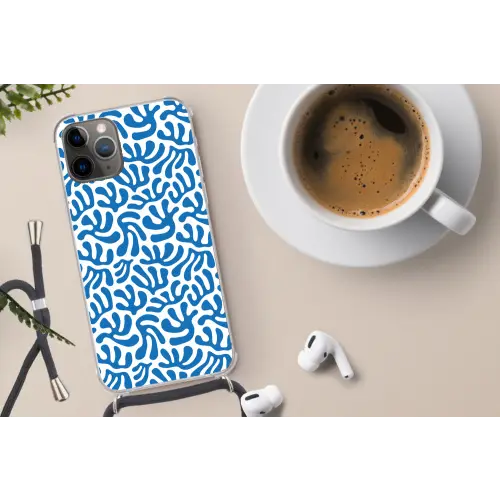 Koraal patroon - Wit - Blauw  - Zomer Hoesje iPhone 12 Pro met koord klein -oordop