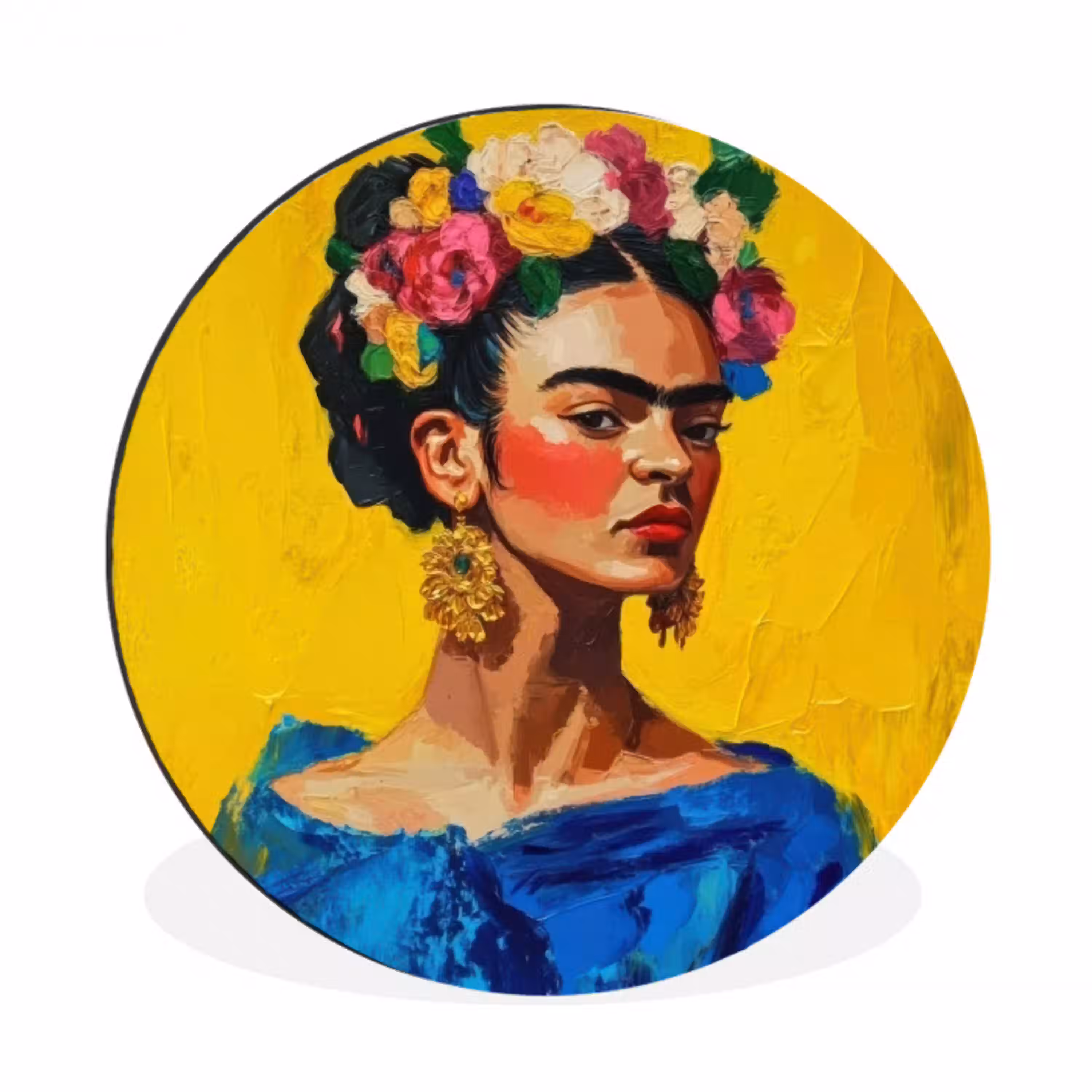 Frida Kahlo - Vrouw - Geel - Blauw - Bloemen Wandcirkel aluminium klein -3d