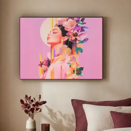 Vrouw - Bloemen - Paars - Abstract Textielframe zwart klein -sfeer1