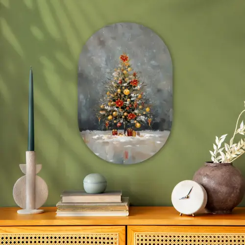 Kerstboom - Cadeaus - Rood - Goud Wandcirkel Ovaal Forex klein -sfeer2