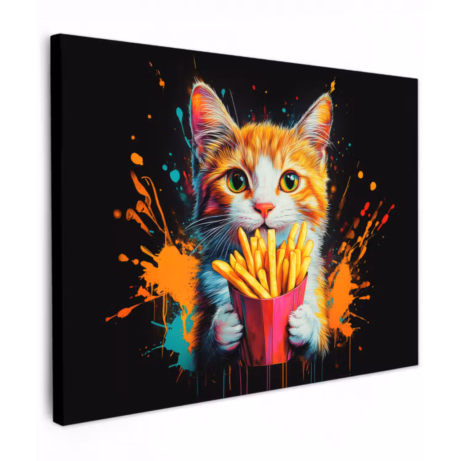 Leinwandbild - Katze - Essen - Pommes frites - Graffiti - Abstrakt