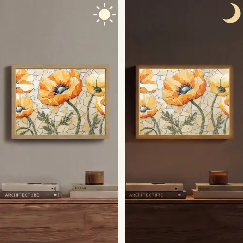 Klaprozen - Oranje - Mozaïek - Bladeren Light Box met batterij (Wandlamp) middel -sfeer3