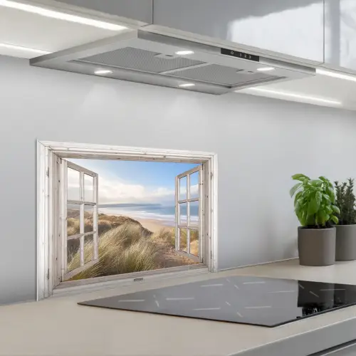 Doorkijk - Zee - Strand - Duinen keuken achterwand spatscherm klein -3d_schuin
