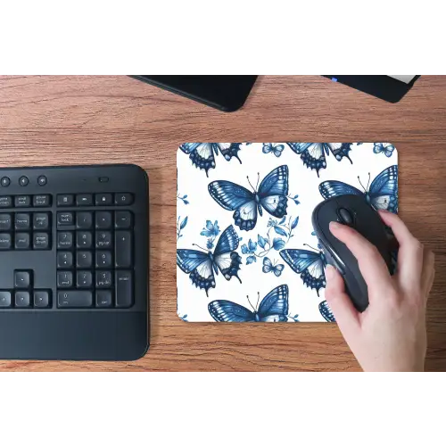 Blauw - Vlinders - Bloemen - Wit muismat rubber klein 262 -toetsenbord