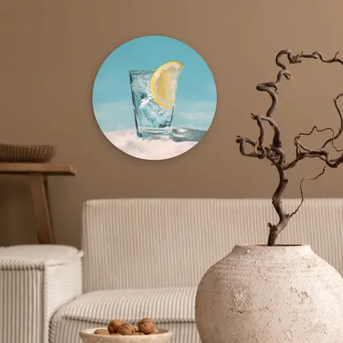 Glas - ijsblokjes - Citroen Wandcirkel kunststof plaat 5mm dik klein -sfeer1