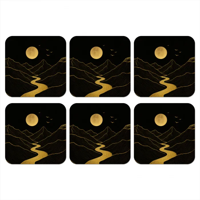 Rivier - Goud - Maan - Vogels onderzetter kurk middel -3d
