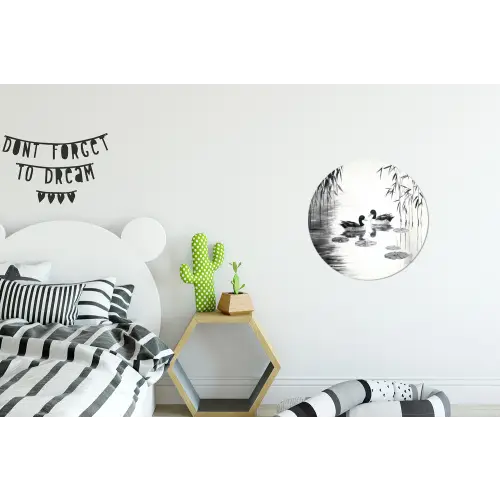 Eenden - Waterlelies - Riet - Zwart Wandcirkel aluminium klein -kinderkamer