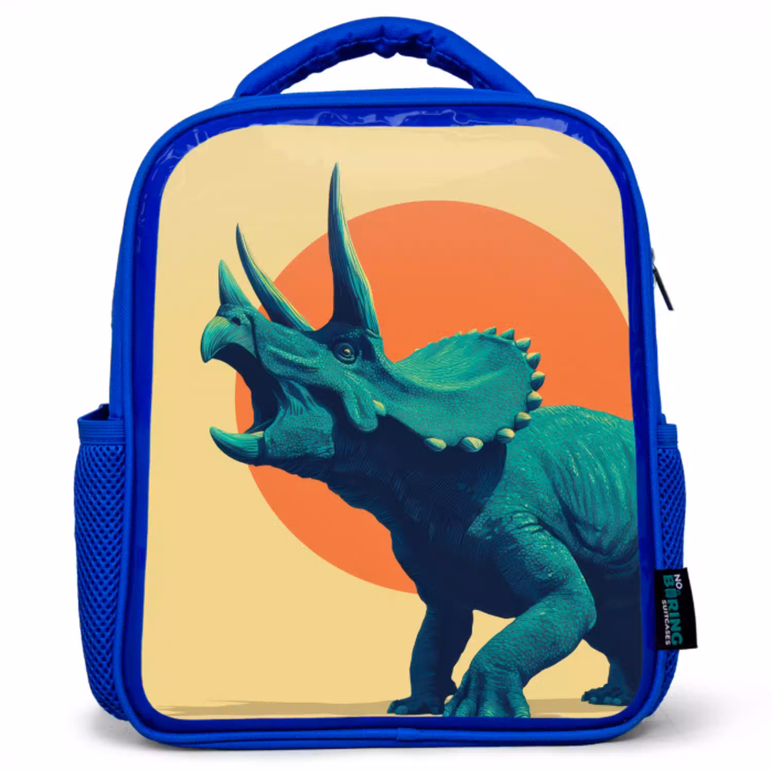 Triceratops - Cirkel - Oranje - Hoorns Kinderrugzak - Blauw middel -3d