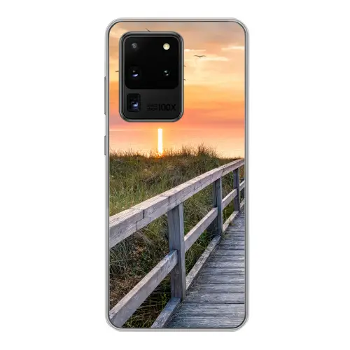 Zonsonderang - Zee - Pad - Gras - Duin - Vogels Telefoonhoesje Samsung Galaxy S20 Ultra klein -3d