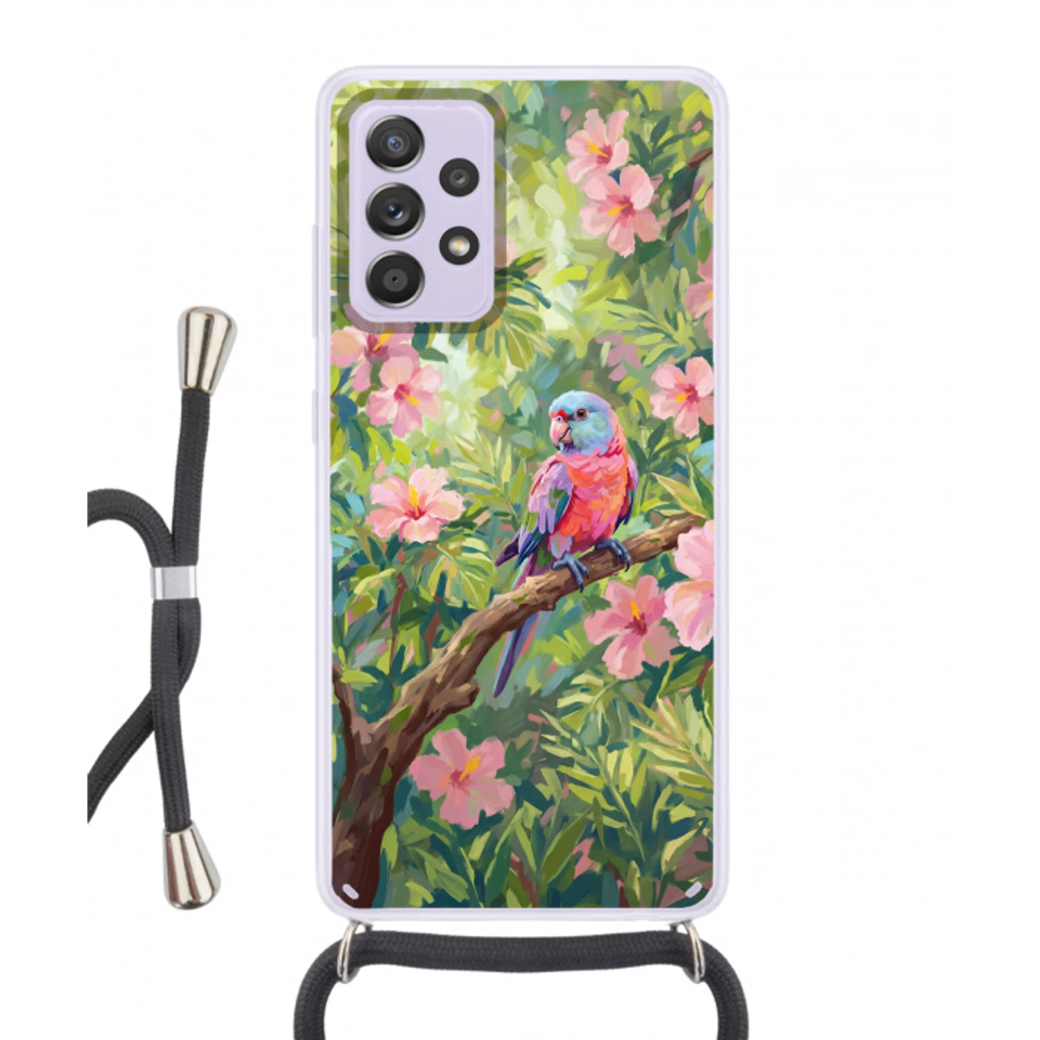 Papagaai - Hibiscusbloemen - Kleurrijk Hoesje Samsung Galaxy A52 5G met koord klein -3d