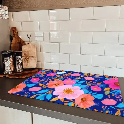 Bloemen - Blauw - Roze Inductie beschermer vinyl 3mm klein -sfeer3