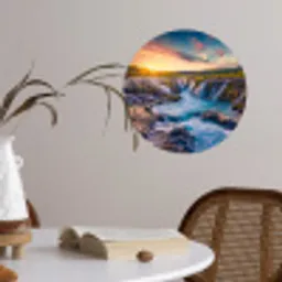 Waterval - Planten - Mos - Landschap - Zonsondergang - Rots Wandcirkel behangsticker klein -sfeer3