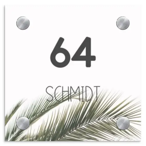 Wit met palmblad - Modern Naambord Vierkant klein -3d