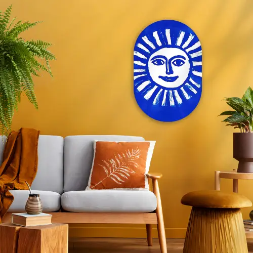 Zon - Gezicht - Penseelstructuur - Blauw Wandcirkel Ovaal Forex klein -sfeer4