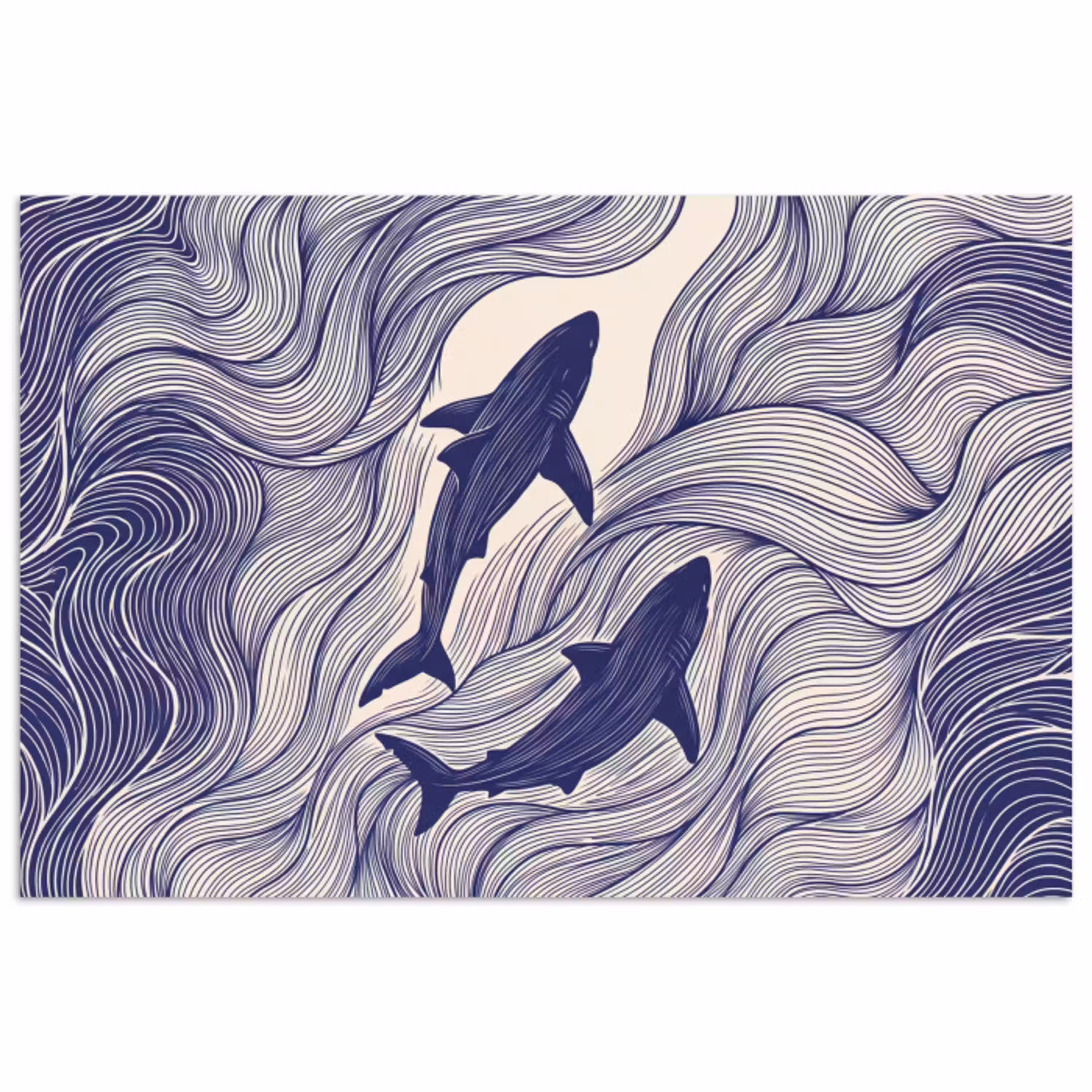 Vis - Oceaan - Lijntekening - Blauw - Dieren poster papier klein -3d