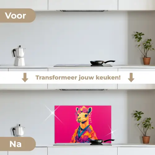 Kameel - Bloemen - Kimono - Waaiers keuken achterwand spatscherm klein -voor_na_NL