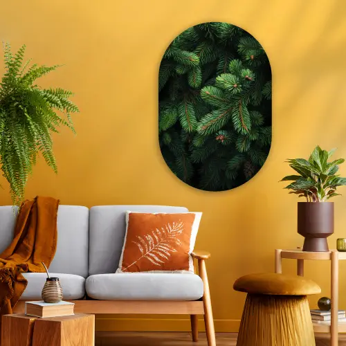 Sparrentakken - Knoppen - Naalden - Groen Wandcirkel Ovaal Glas middel -sfeer4