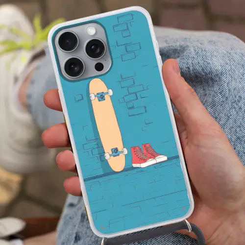 Skateboard - Gympen - Rood - Minimalistisch Hoesje iPhone 16 Pro Max met koord klein -sfeer3