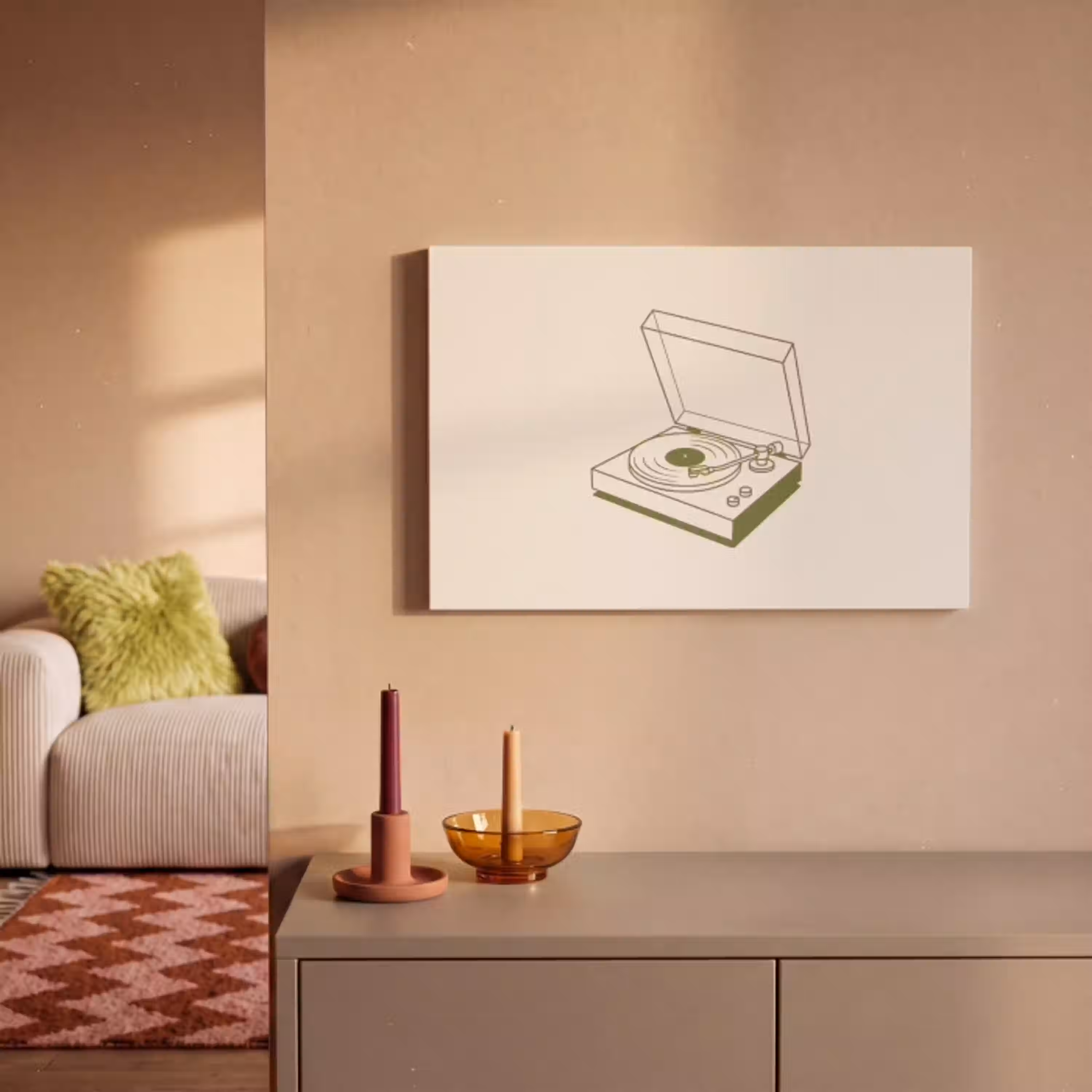 Platenspeler - Vinyl - Muziek - Minimalistisch - Groen canvas 2cm klein -sfeer1