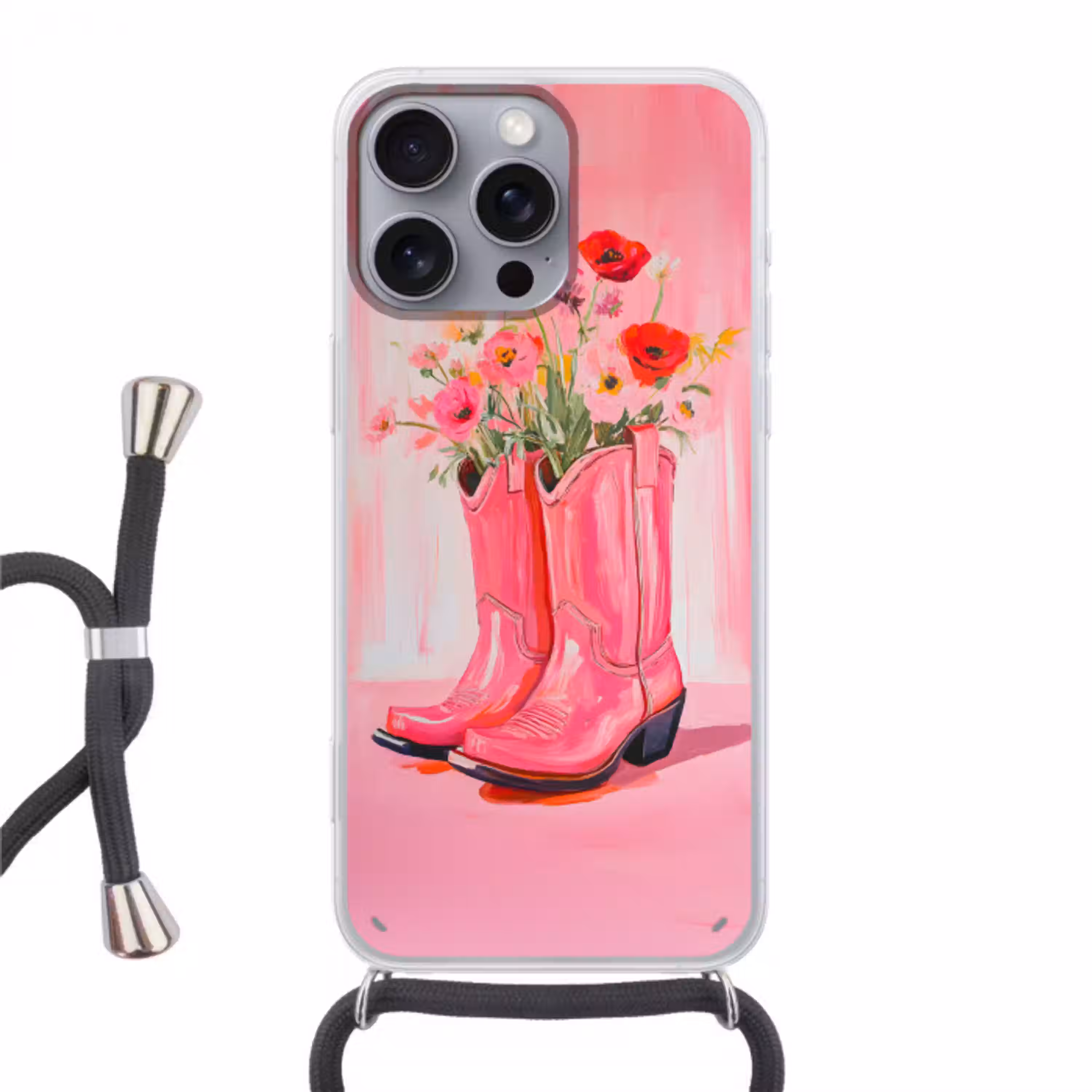 Roze - Bloemen - Cowboy Hoesje iPhone 16 Pro Max met koord klein -3d
