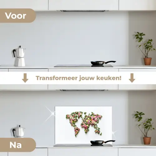 Wereldkaart - Kleurrijk - Bloemen - Lente keuken achterwand spatscherm klein -voor_na_NL