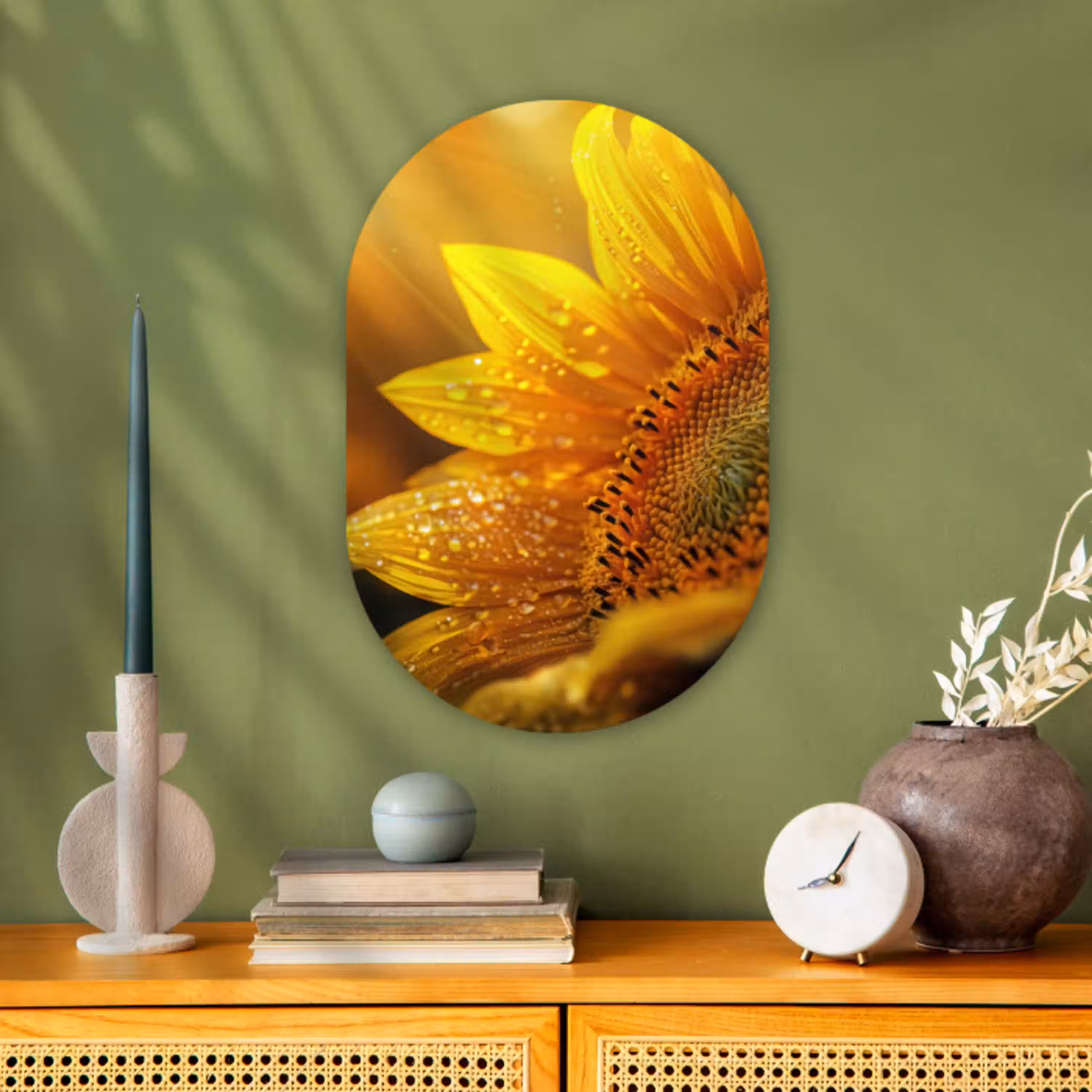 Zonnebloem - Dauwdruppels - Geel - Zonlicht Wandcirkel Ovaal Forex klein -sfeer2