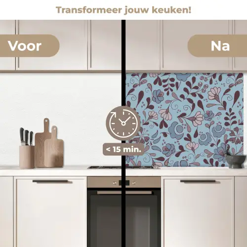 Patroon - Bloem - Grijs - Blauw keuken achterwand 2 middel 871 -voor-na2_NL