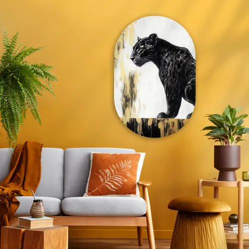 Panter - Zwart - Abstract - Goud Wandcirkel Ovaal Glas middel -sfeer4
