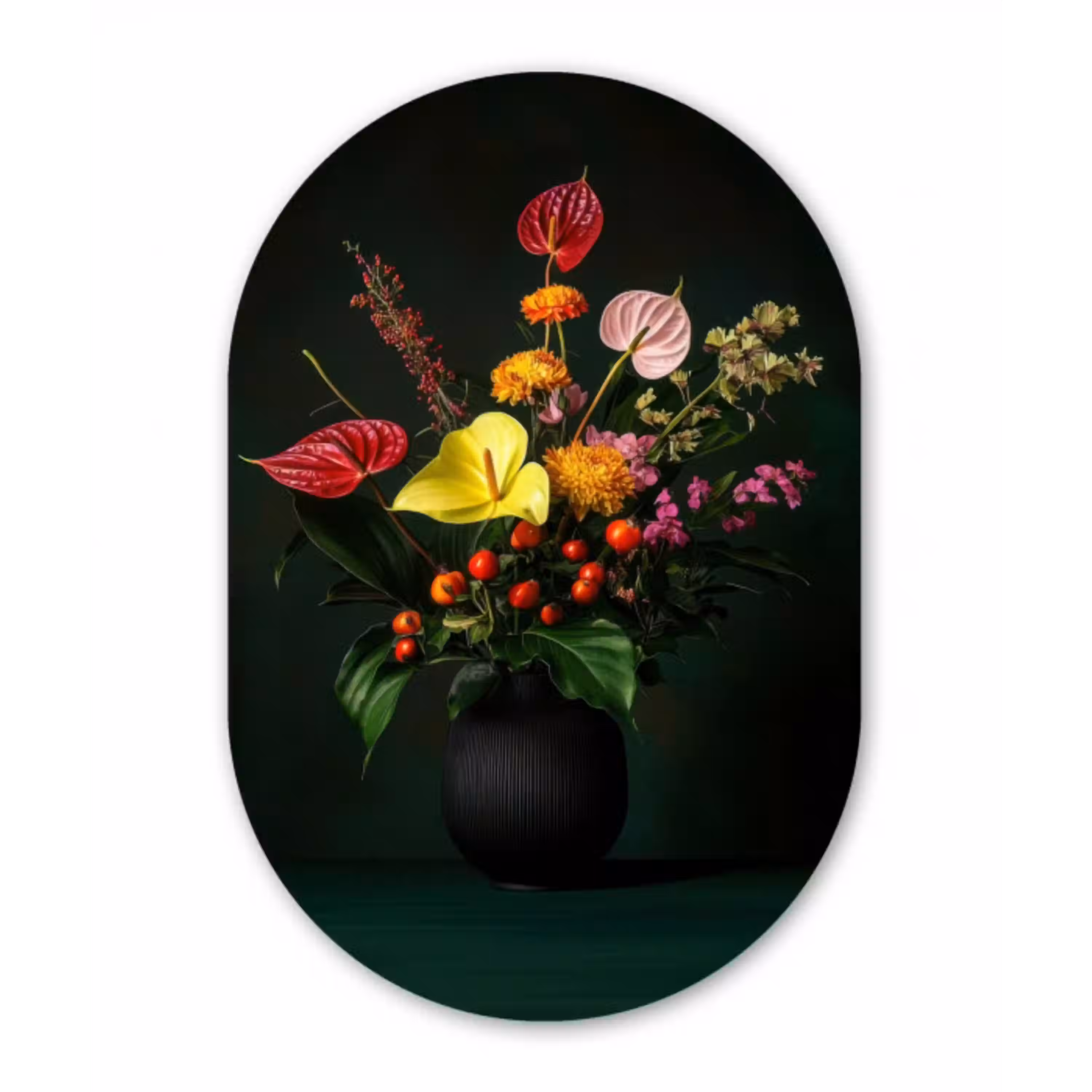 Bloemen - Vaas - Zwart Wandcirkel Ovaal Glas middel -3d