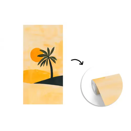 Illustratie - Palmboom - Zon - Heuvels fotobehang vinyl groot -3d