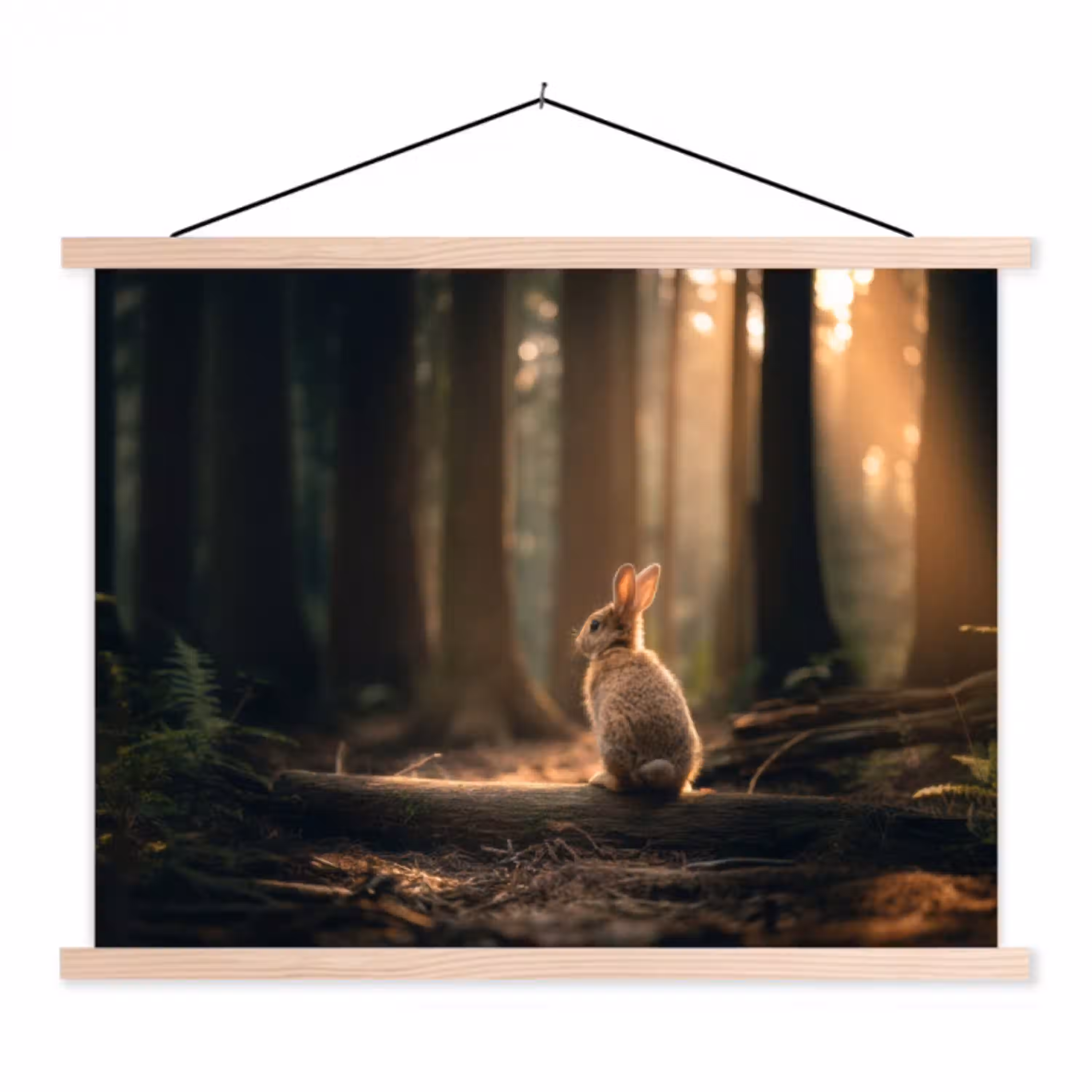 Konijn - Bos - Zonnestralen textielposter latten blank klein -3d