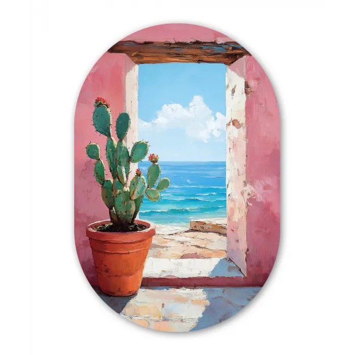 Zee - Roze - Cactus Wandcirkel Ovaal Glas middel -3d