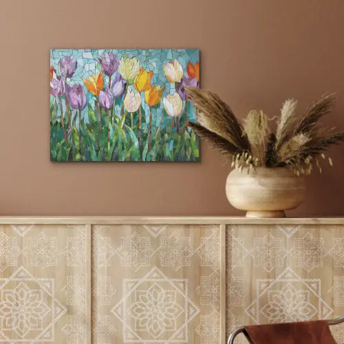 Mozaïek - Veld - Tulpen - Kleurrijk PET vilt klein -sfeer4