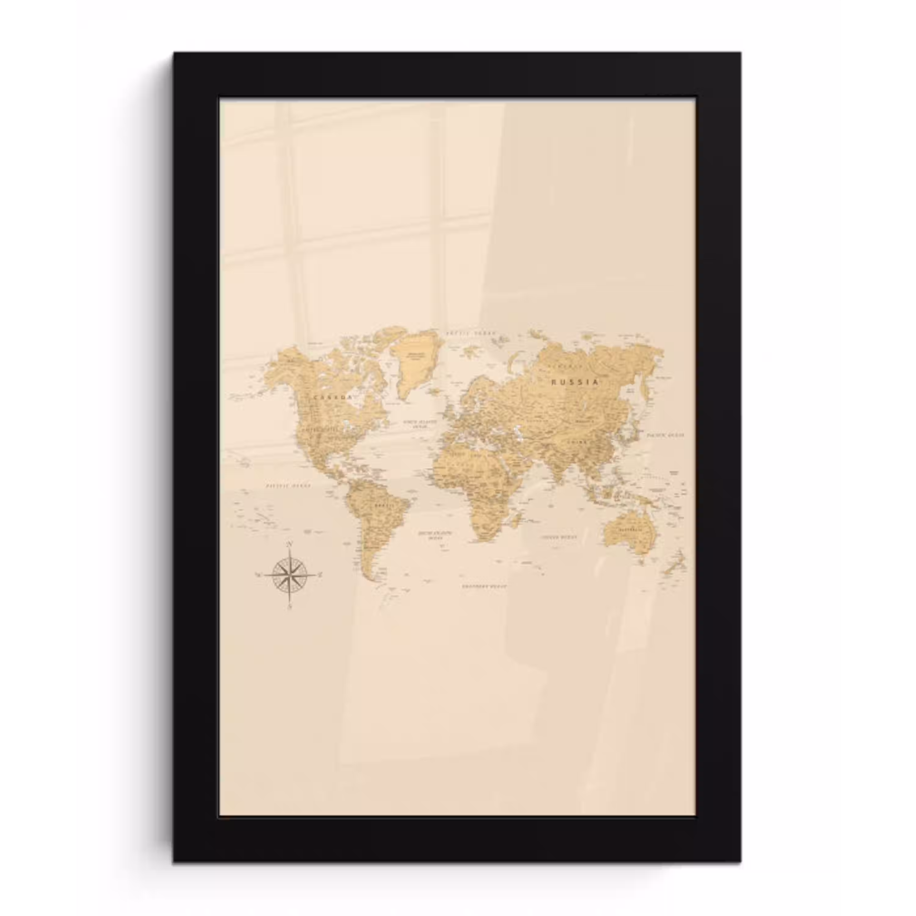 Wereldkaart - Realistisch - Beige fotolijst zwart zonder passe partout klein -3d