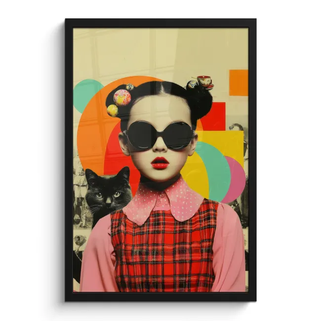 Poster met lijst - Meisje - Zonnebril - Kat - Retro