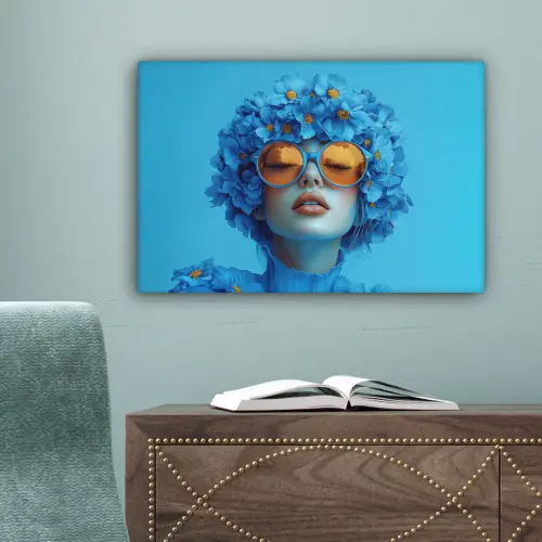 Vrouw - Bloem - Blauw - Modern - Bril - Portret canvas 2cm klein -sfeer4